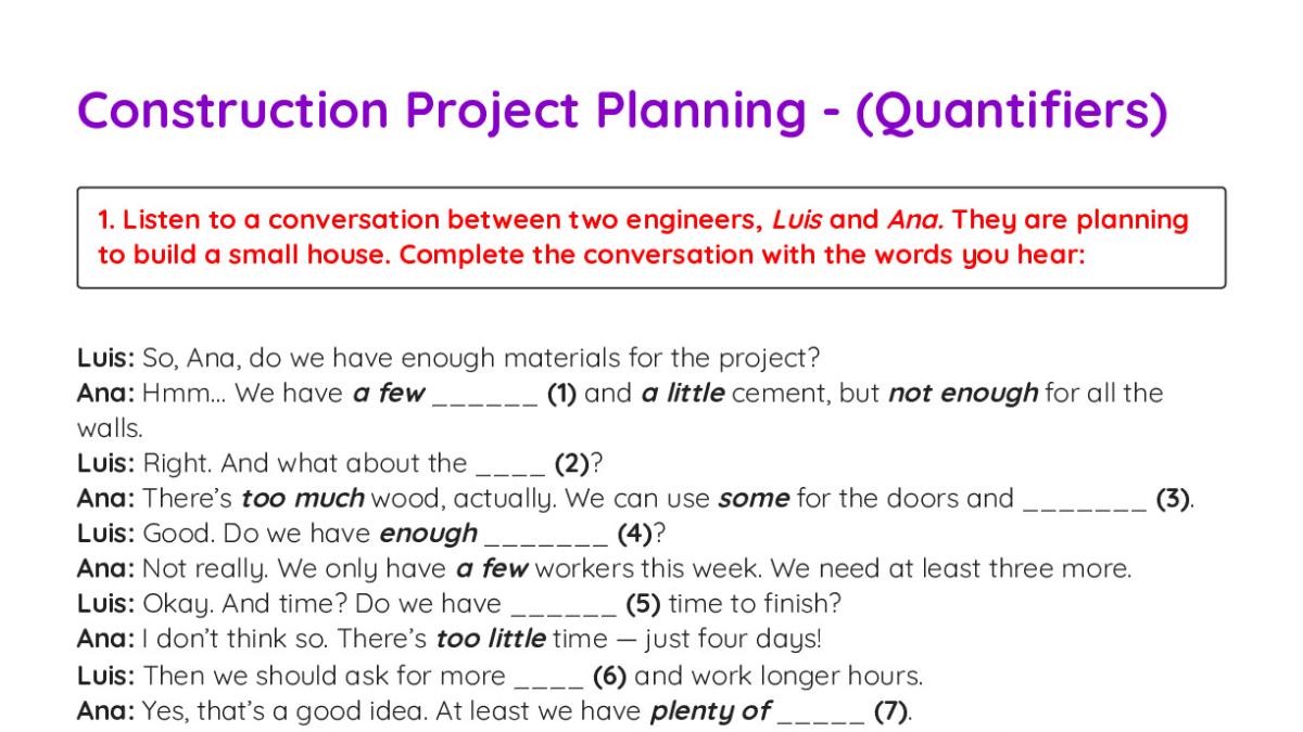 Construction Project Planning - (Quantifiers)﻿﻿ - My Worksheet Maker ...