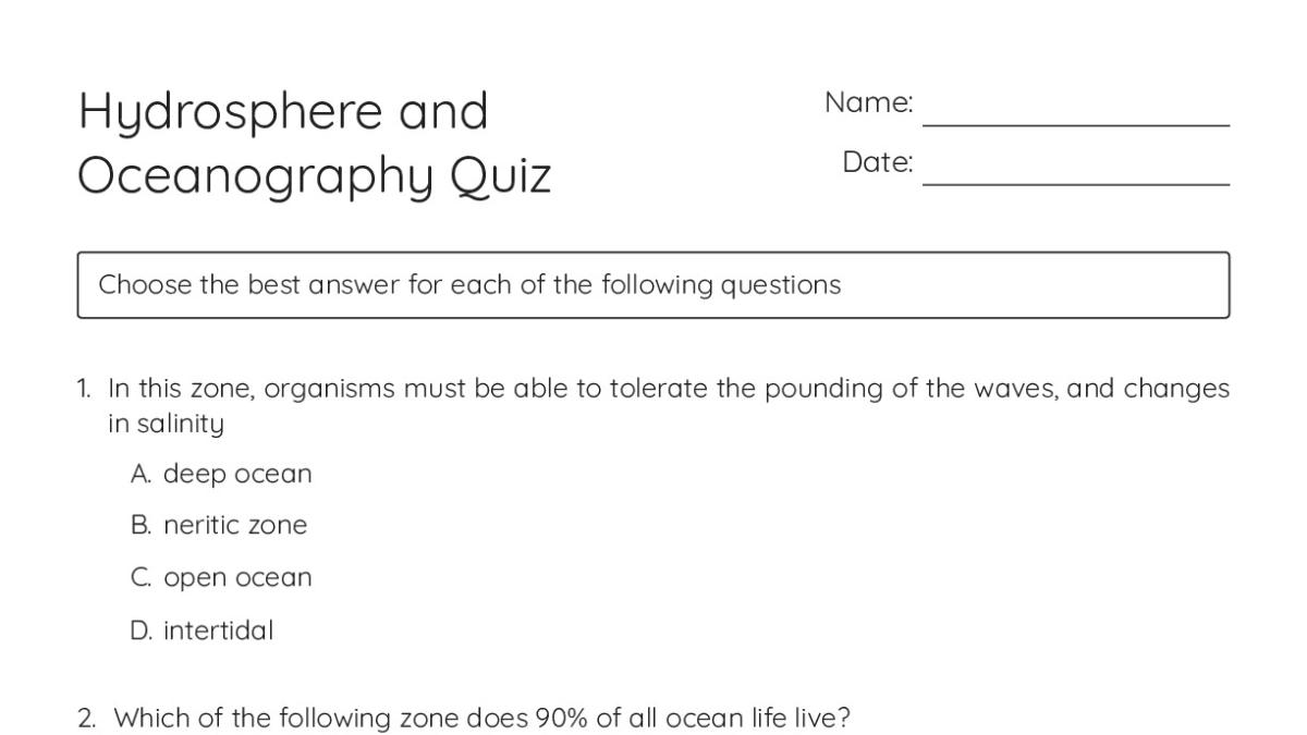 Hydrosphere and Oceanography Quiz - My Worksheet Maker: Create Your Own ...