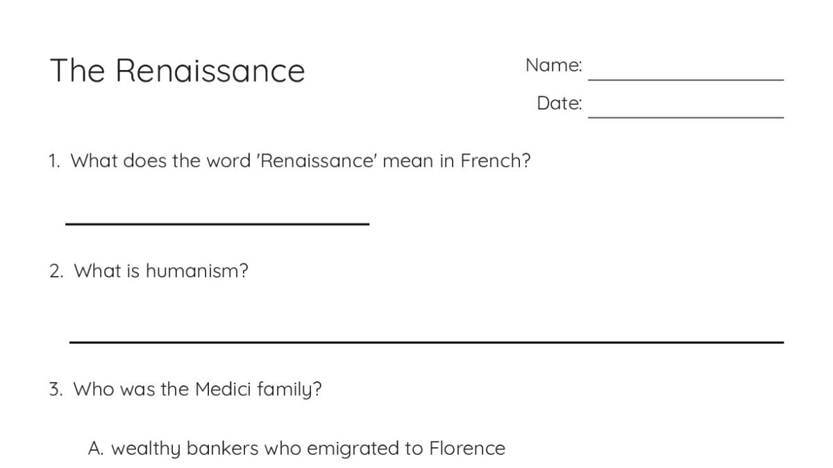 The Renaissance - My Worksheet Maker: Create Your Own Worksheets