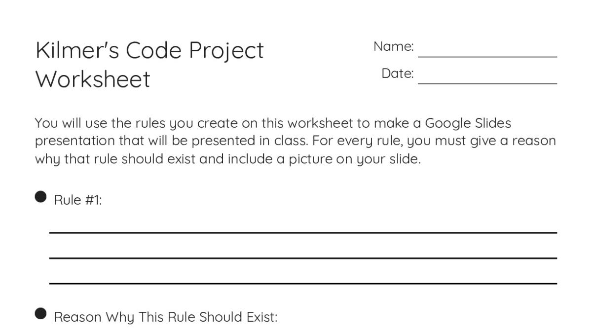 Kilmer's Code Project Worksheet - My Worksheet Maker: Create Your Own ...