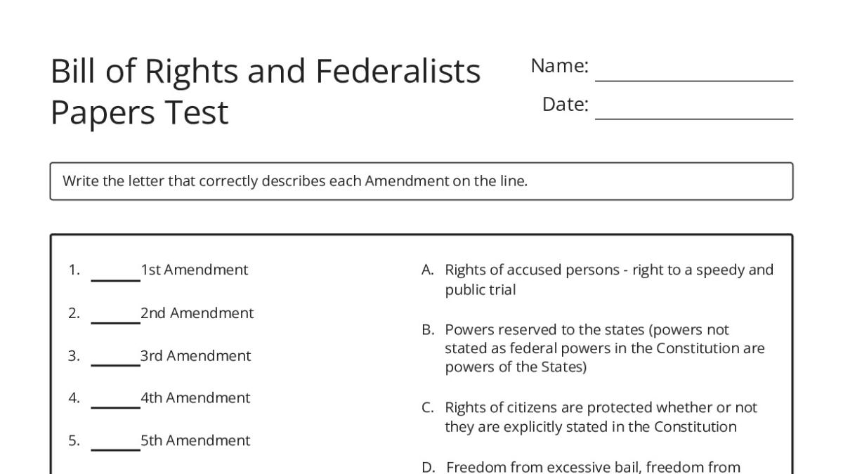 Bill of Rights and Federalists Papers Test - My Worksheet Maker: Create ...