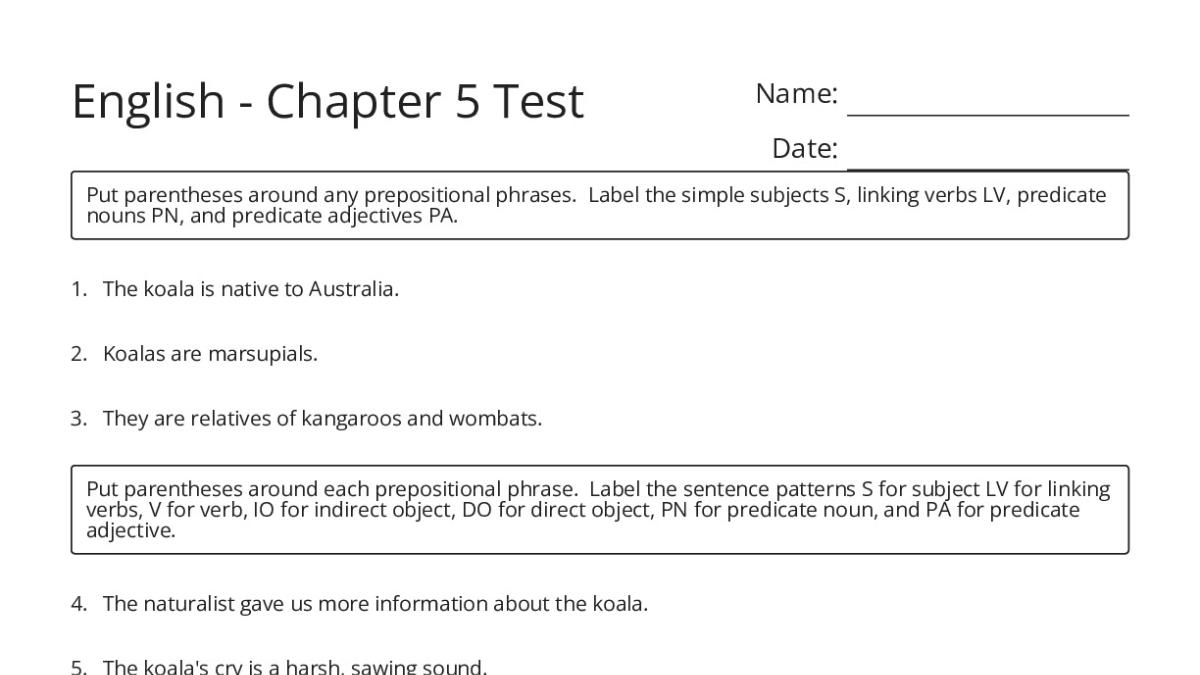 English - Chapter 5 Test - My Worksheet Maker: Create Your Own Worksheets