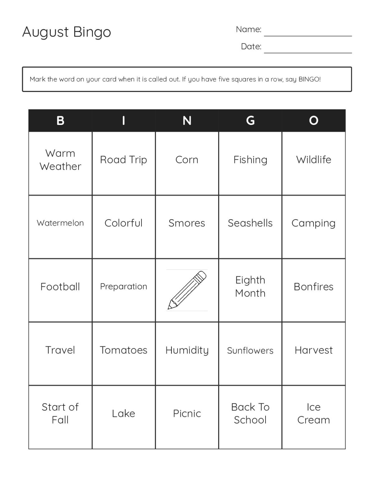 August bingo cards with summer activities, harvest imagery, and back-to-school themes.