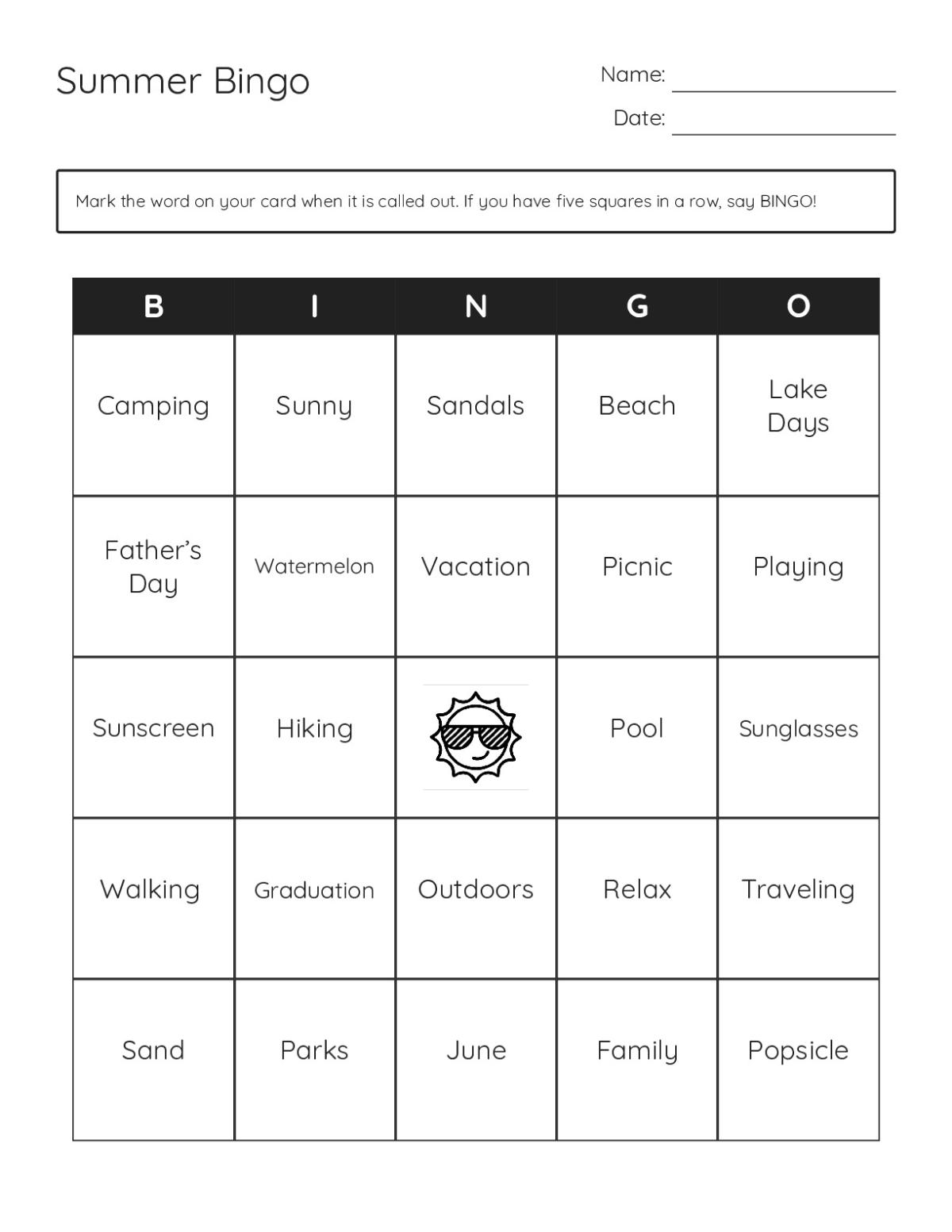 Summer bingo cards with beach, pool, vacation, camping, and warm-weather vocabulary.