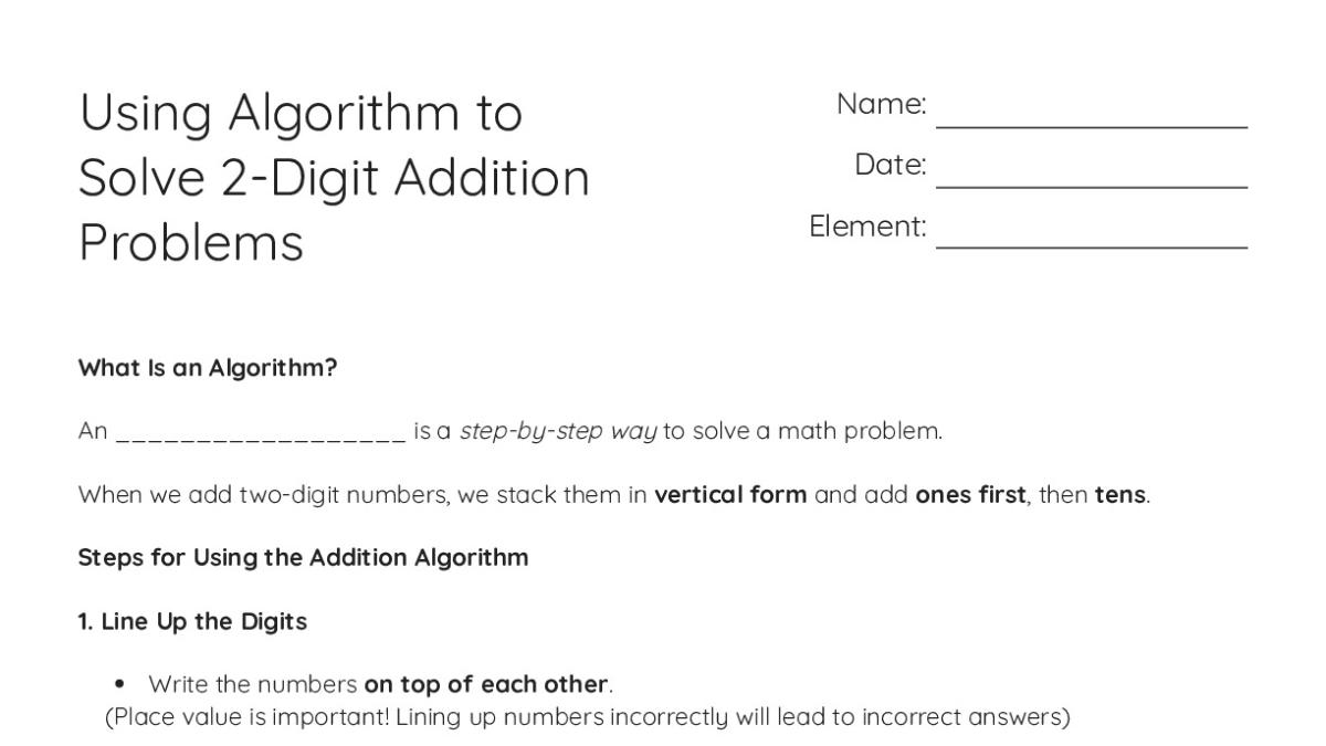 Using Algorithm to Solve 2-Digit Addition Problems - My Worksheet Maker ...