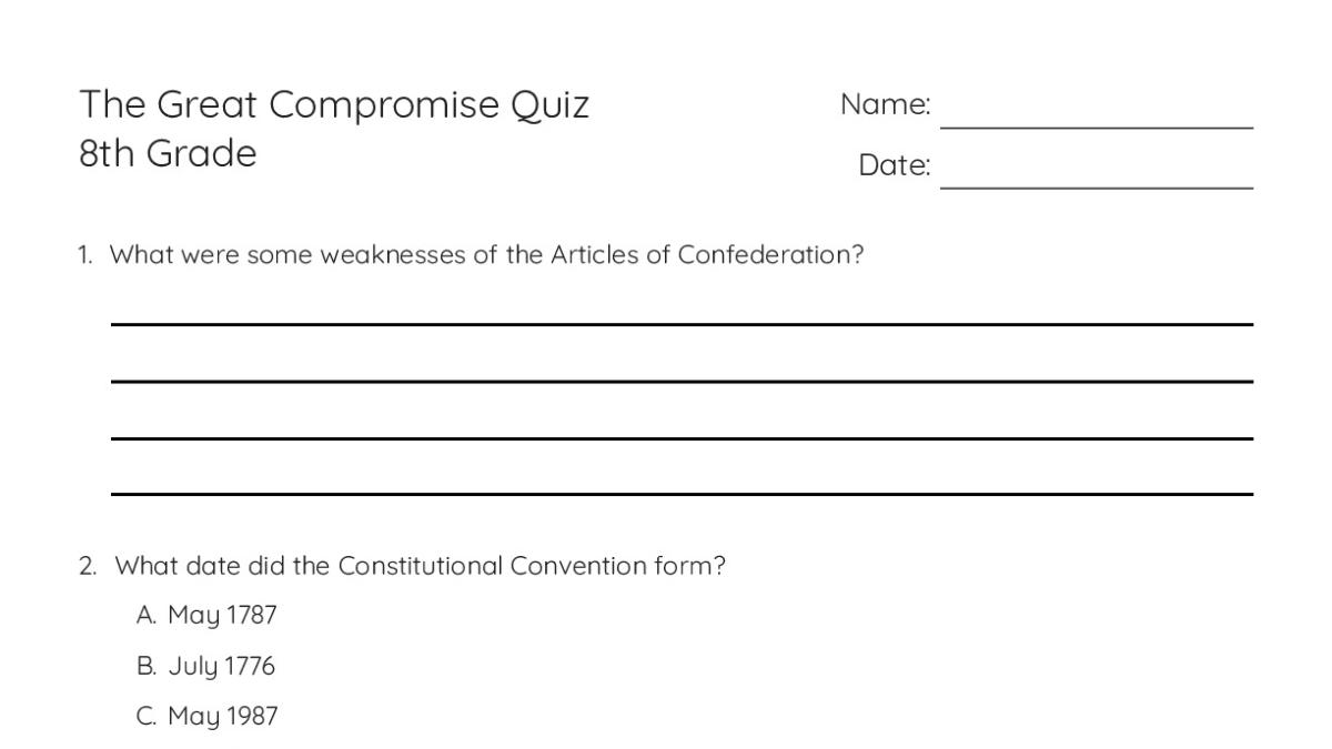 The Great Compromise Quiz 8th Grade - My Worksheet Maker: Create Your ...