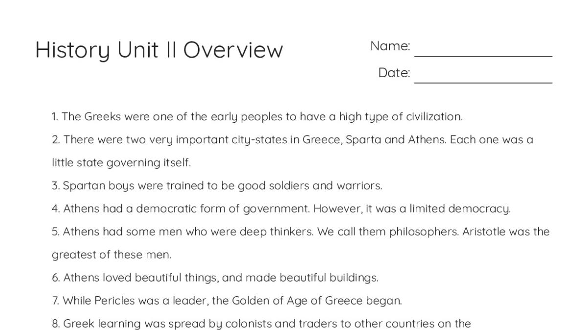 History Unit II Overview - My Worksheet Maker: Create Your Own Worksheets