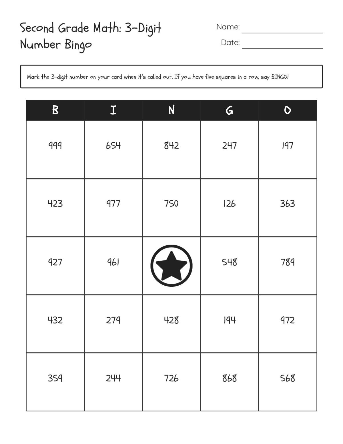 Bingo cards with 3-digit numbers for 2nd Grade math practice.