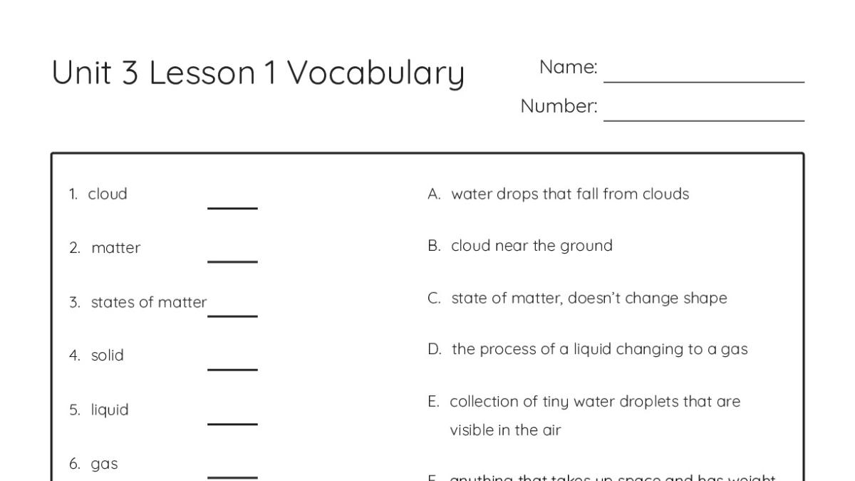 Unit 3 Lesson 1 Vocabulary - My Worksheet Maker: Create Your Own Worksheets