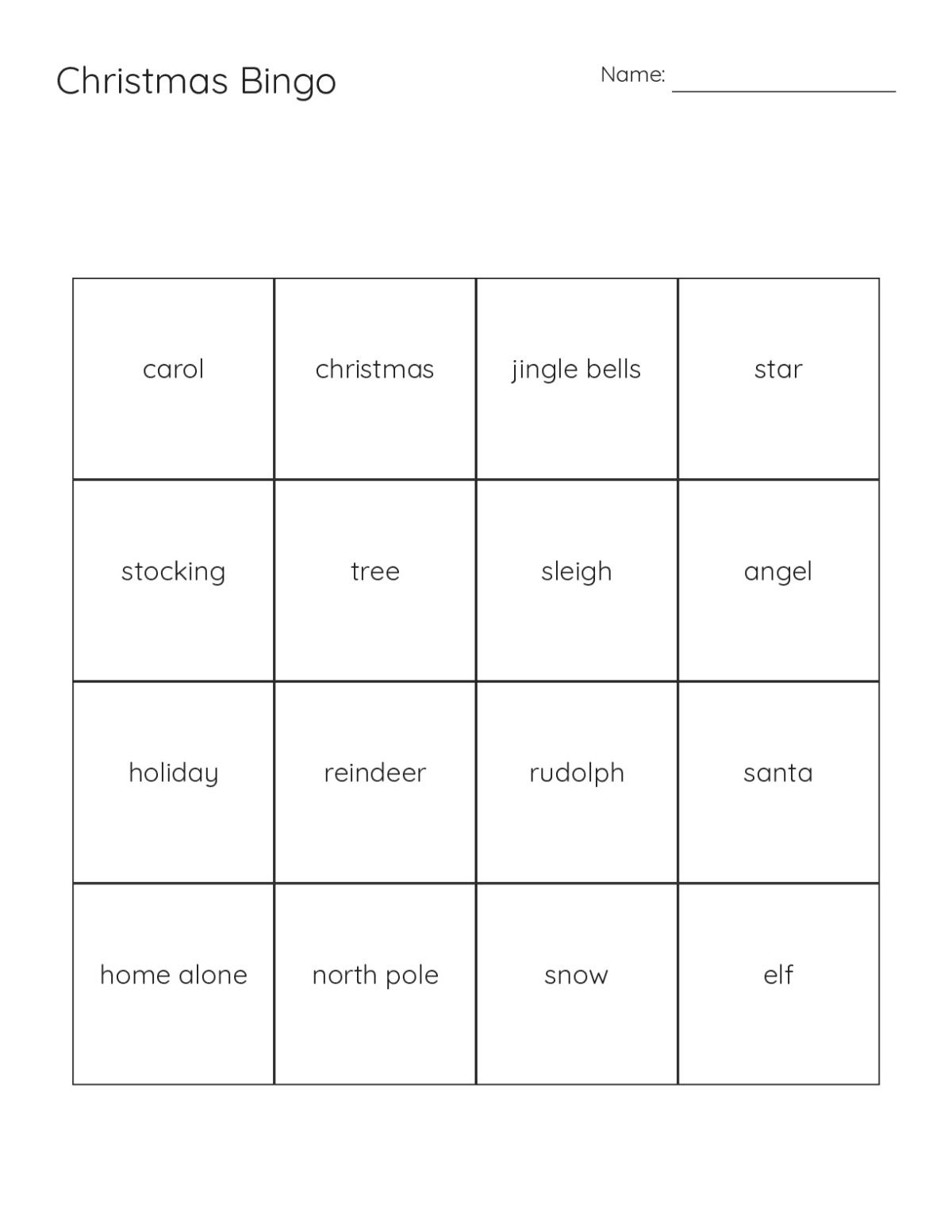 Christmas bingo cards with Santa, reindeer, Rudolph, and holiday vocabulary.