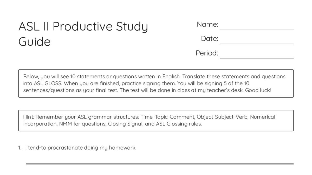 ASL II Productive Study Guide - My Worksheet Maker: Create Your Own ...