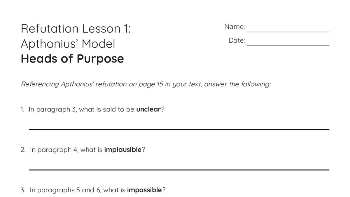 Refute Model Refutation Lesson 1: Apthonius’ Model Heads of Purpose - My Worksheet ...