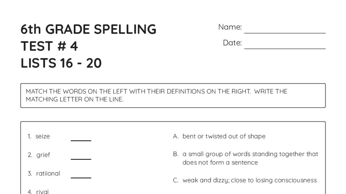 6th GRADE SPELLING TEST # 4 LISTS 16 - 20 - My Worksheet Maker: Create ...