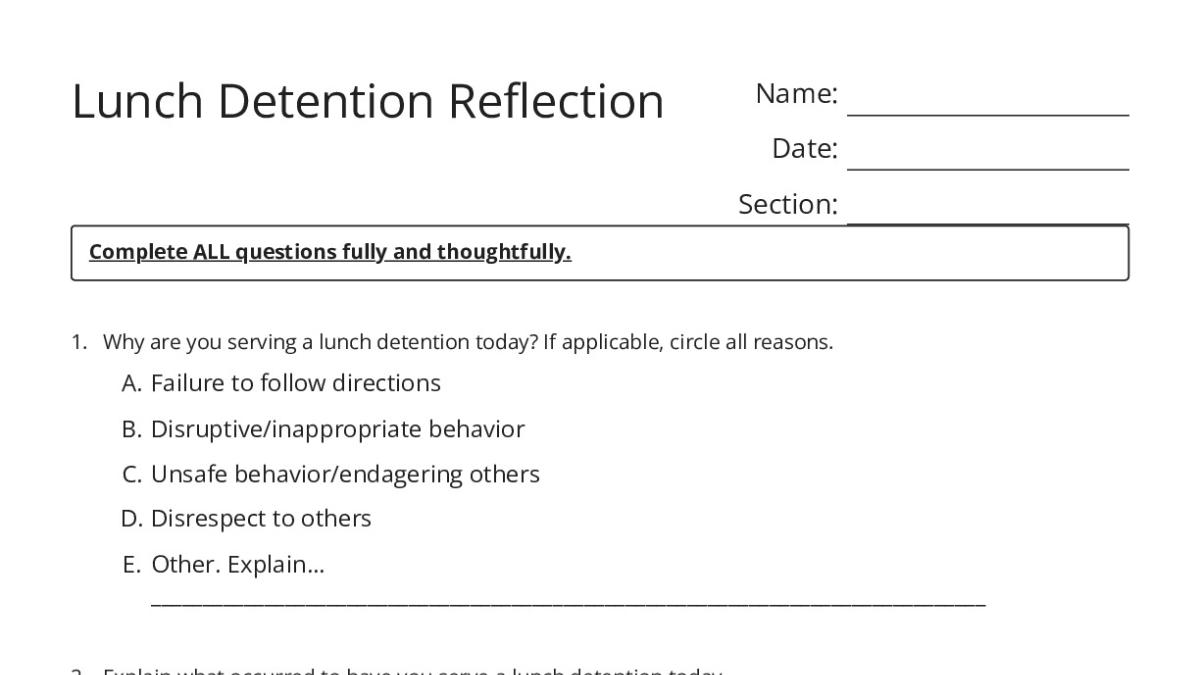 Lunch Detention Reflection - My Worksheet Maker: Create Your Own Worksheets