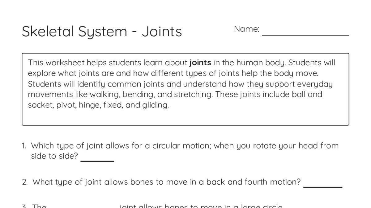 Skeletal System - Joints - My Worksheet Maker: Create Your Own Worksheets