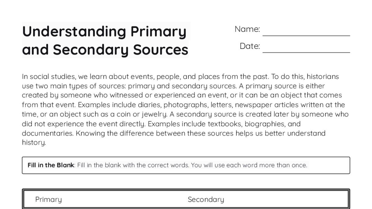 Understanding Primary and Secondary Sources - My Worksheet Maker ...