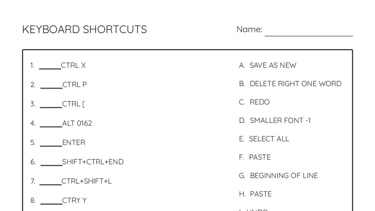 KEYBOARD SHORTCUTS - My Worksheet Maker: Create Your Own Worksheets
