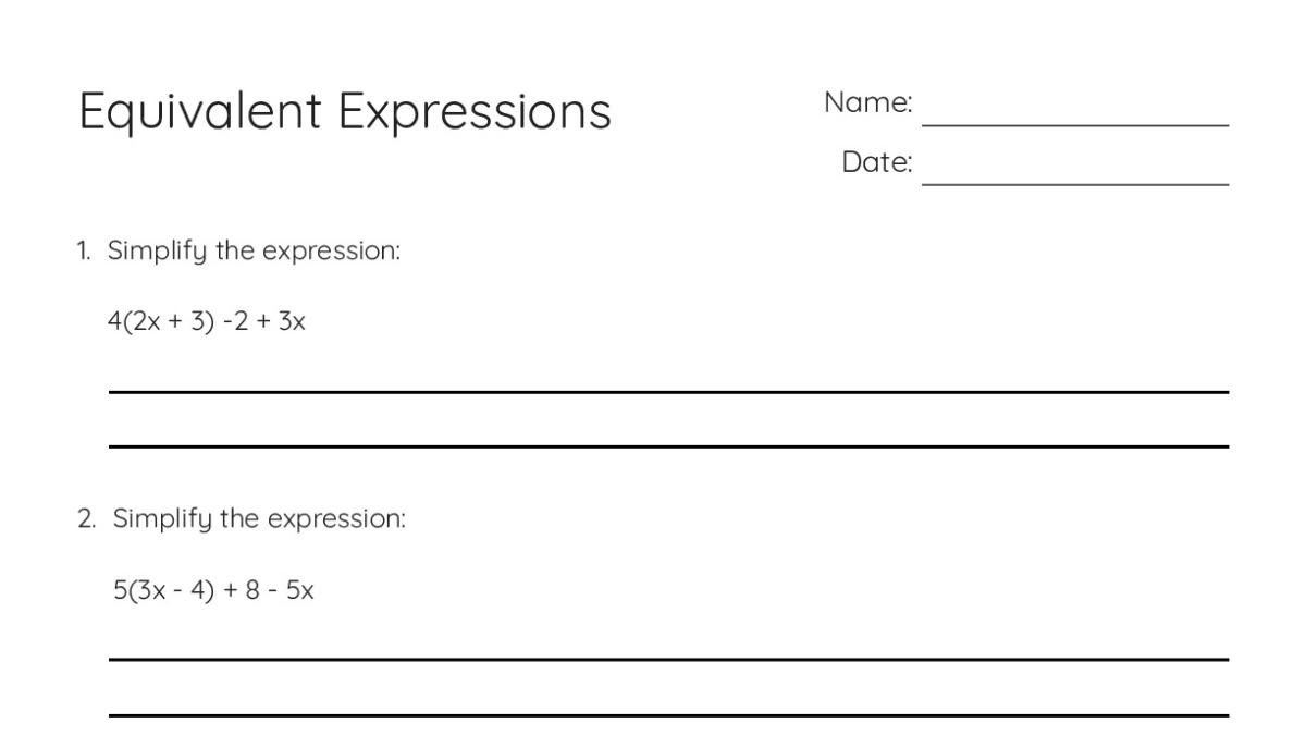 Equivalent Expressions - My Worksheet Maker: Create Your Own Worksheets