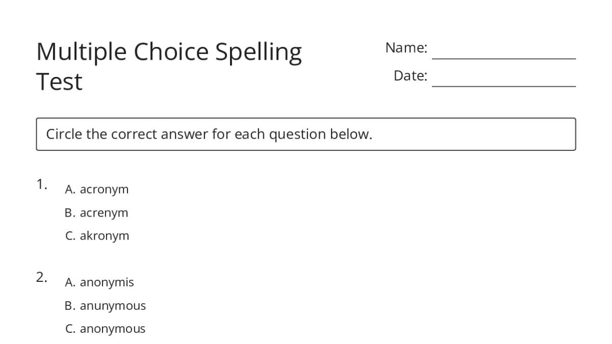 Multiple Choice Spelling Test - My Worksheet Maker: Create Your Own