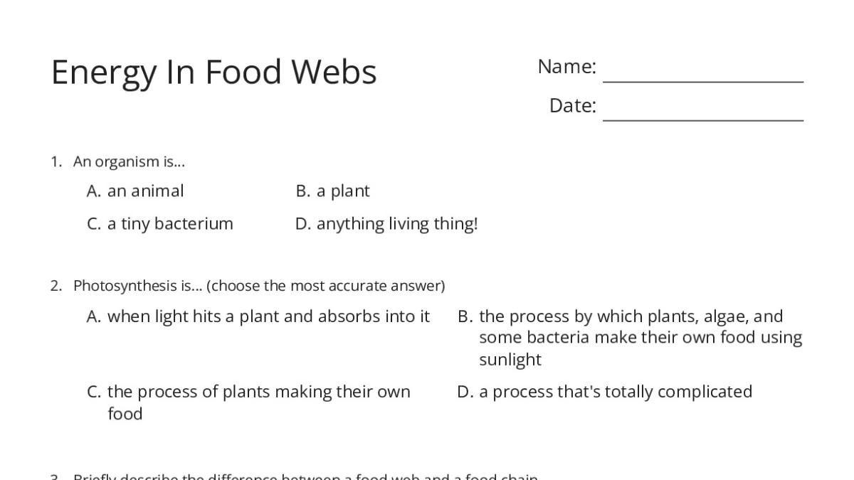 Energy In Food Webs - My Worksheet Maker: Create Your Own Worksheets