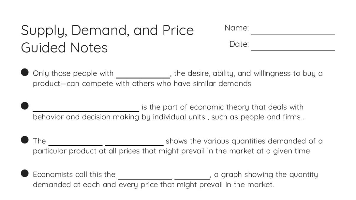 Supply, Demand, and Price Guided Notes - My Worksheet Maker: Create ...