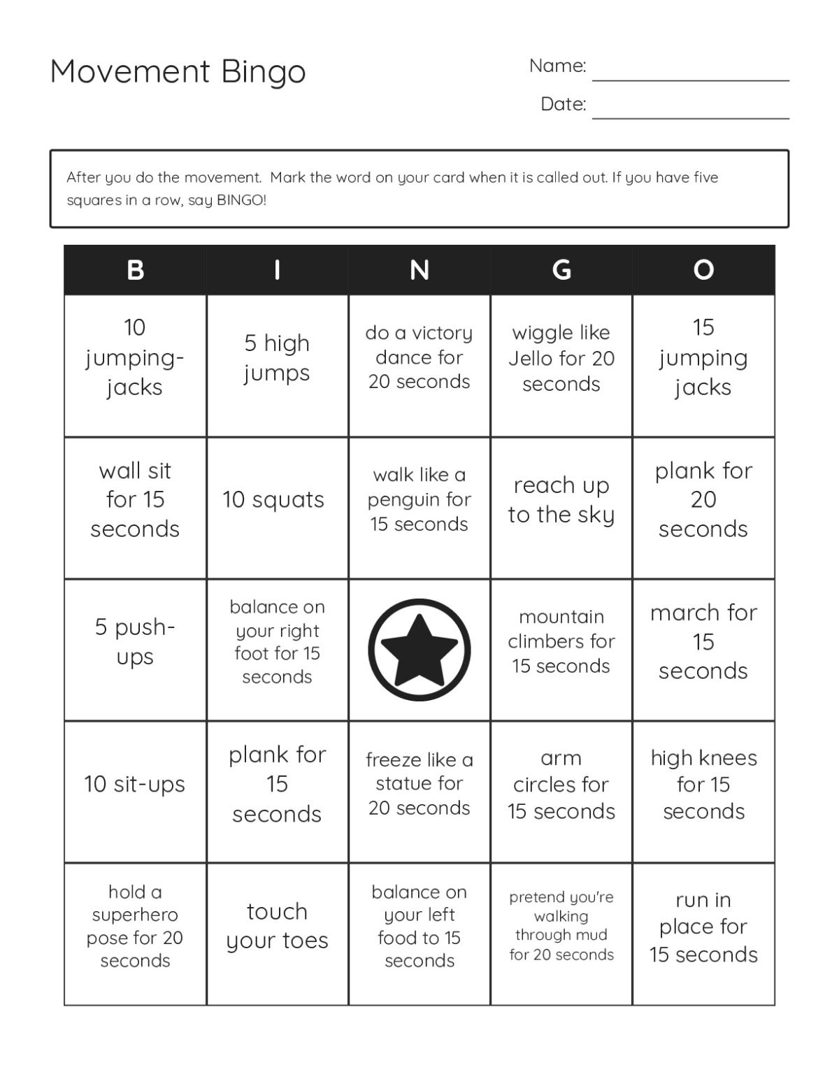 Movement bingo cards with exercises, stretches, and playful activities for classroom brain breaks.