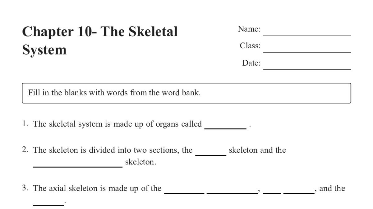 Chapter 10- The Skeletal System - My Worksheet Maker: Create Your Own ...