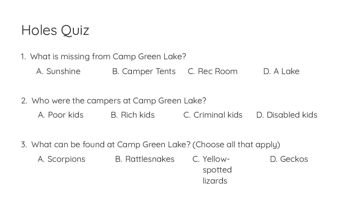 Holes Quiz - My Worksheet Maker: Create Your Own Worksheets