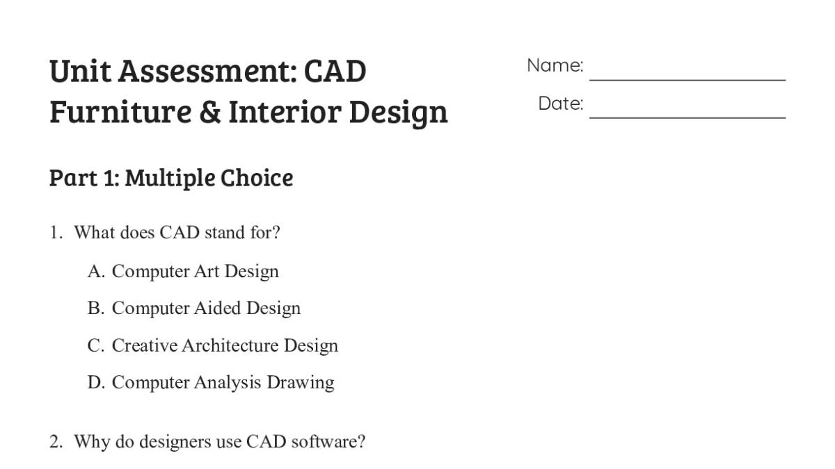 Unit Assessment: CAD Furniture & Interior Design - My Worksheet Maker ...