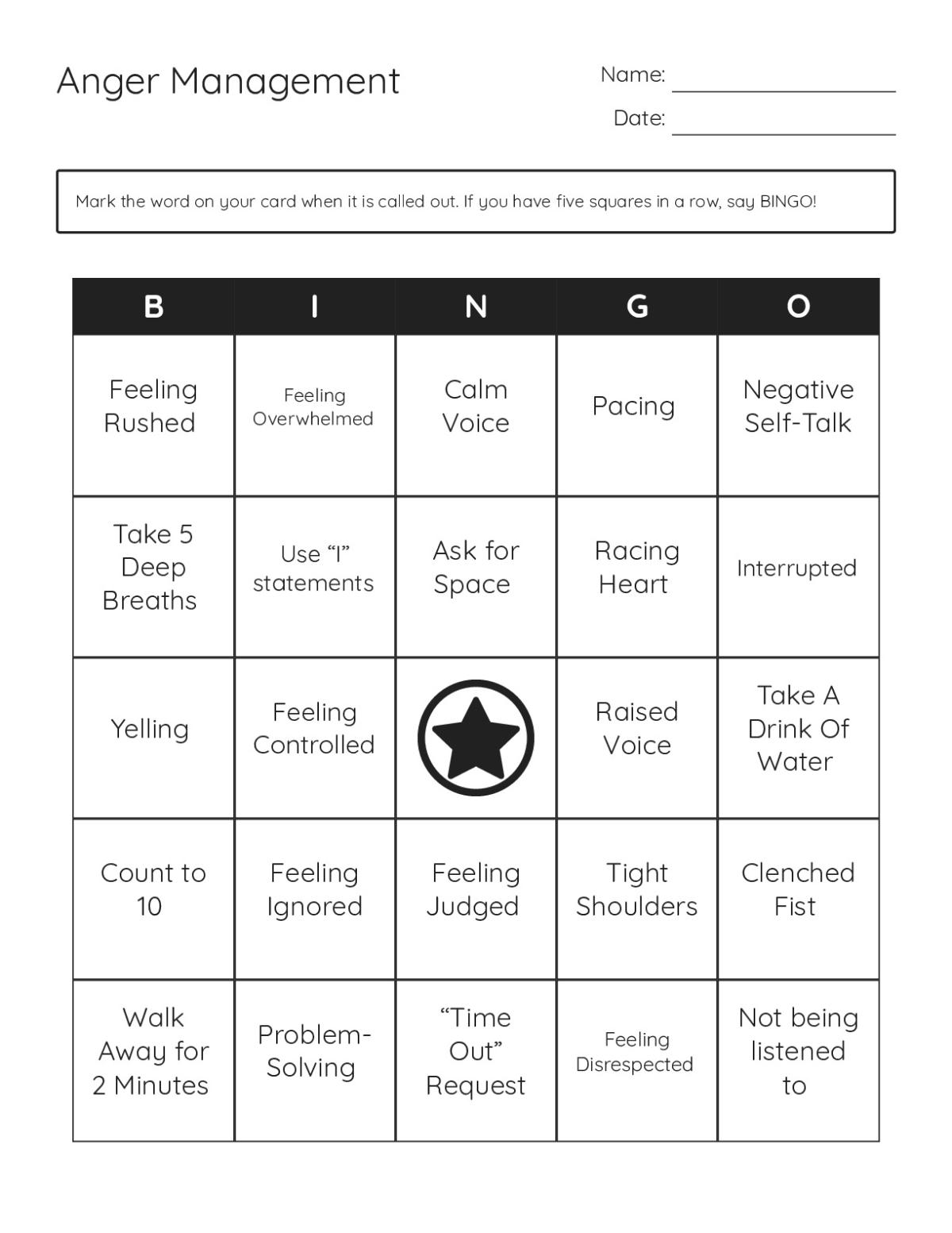 Anger management bingo cards with emotional triggers, physical signs, and coping strategies.