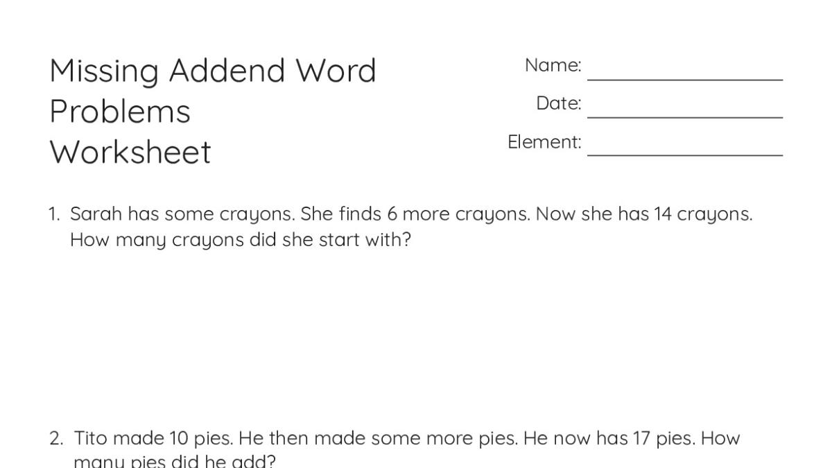 Missing Addend Word Problems Worksheet - My Worksheet Maker: Create ...