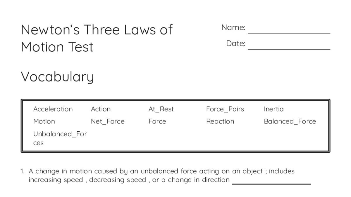 Newton’s Three Laws of Motion Test - My Worksheet Maker: Create Your ...