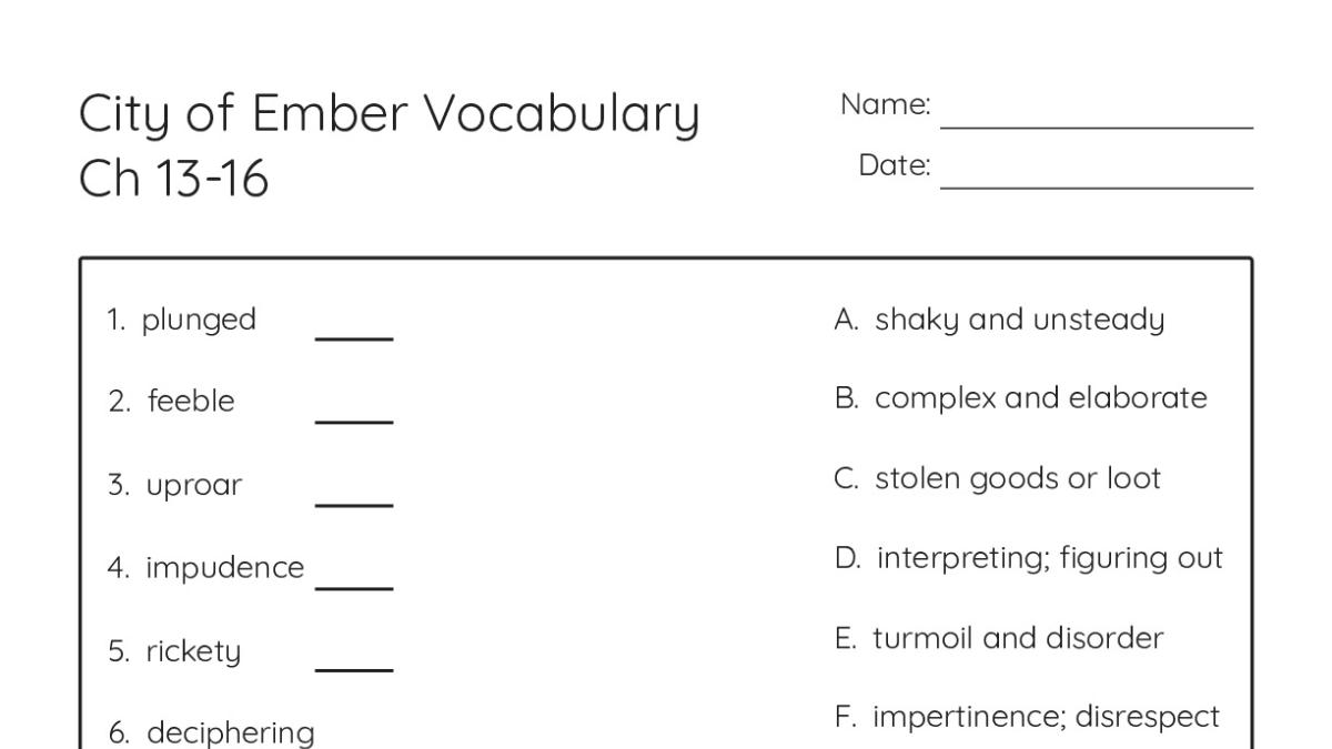 City of Ember Vocabulary Ch 13-16 - My Worksheet Maker: Create Your Own ...