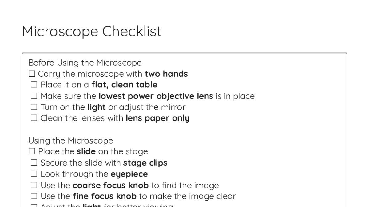 Cap Laboratory Microscope Checklist Microscope Checklist - My Worksheet Maker: Create Your Own Worksheets