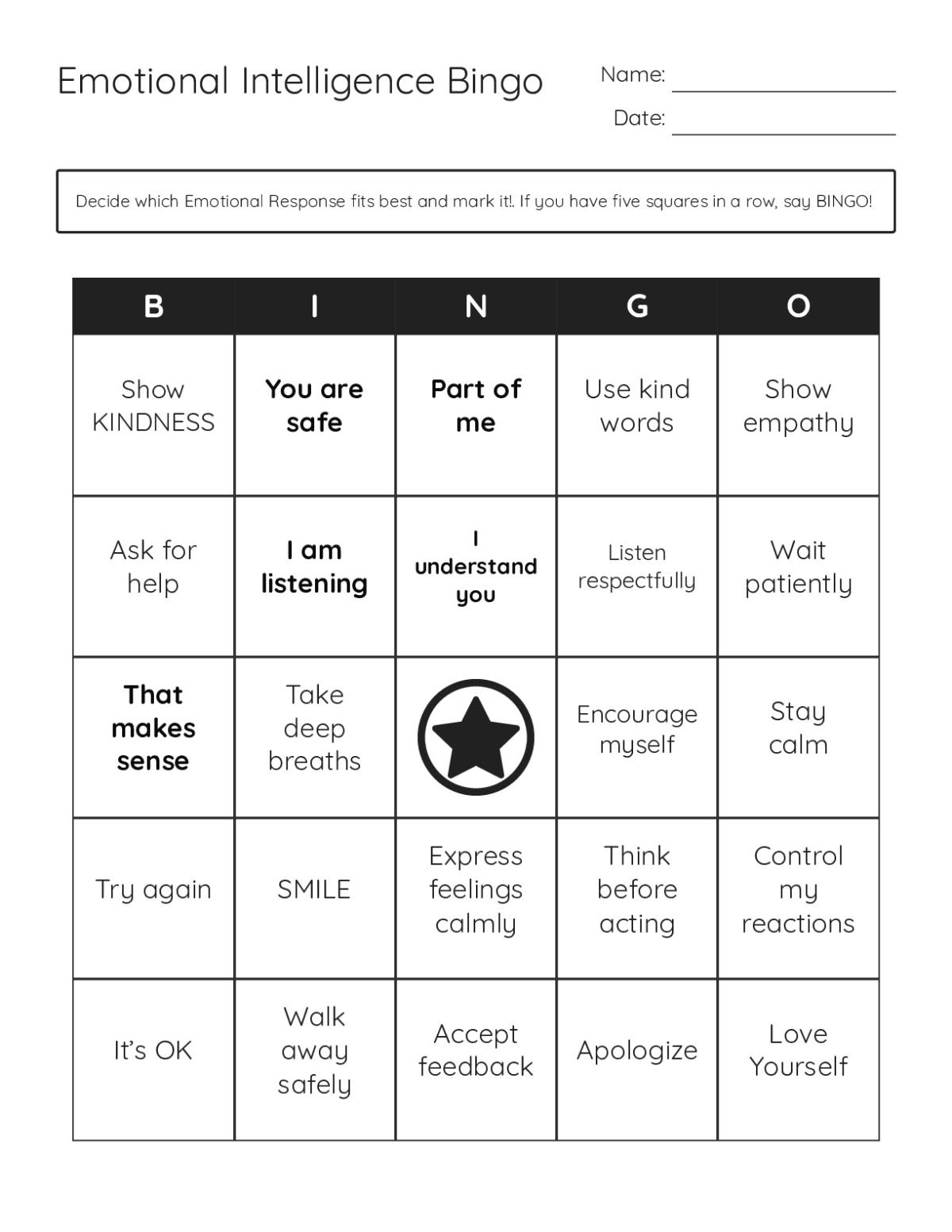 Emotional intelligence bingo cards with coping strategies, kindness, and empathy prompts for Grades 4–6.