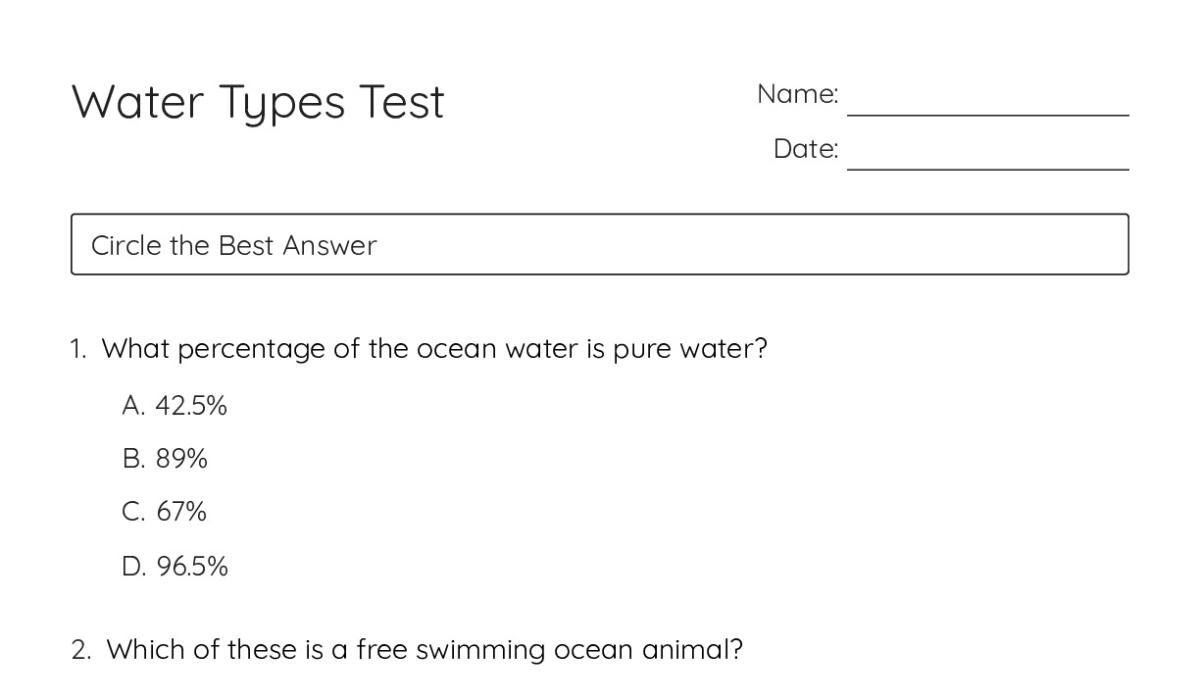 Water Math Test Water Types Test - My Worksheet Maker: Create Your Own Worksheets