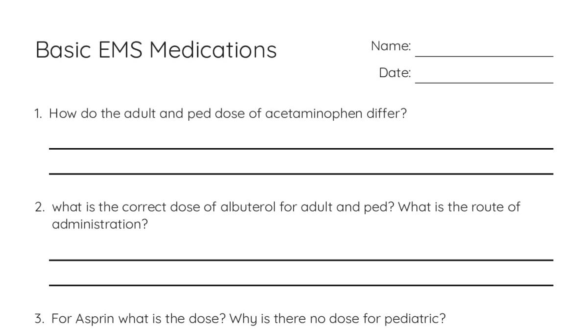 Basic EMS Medications - My Worksheet Maker: Create Your Own Worksheets