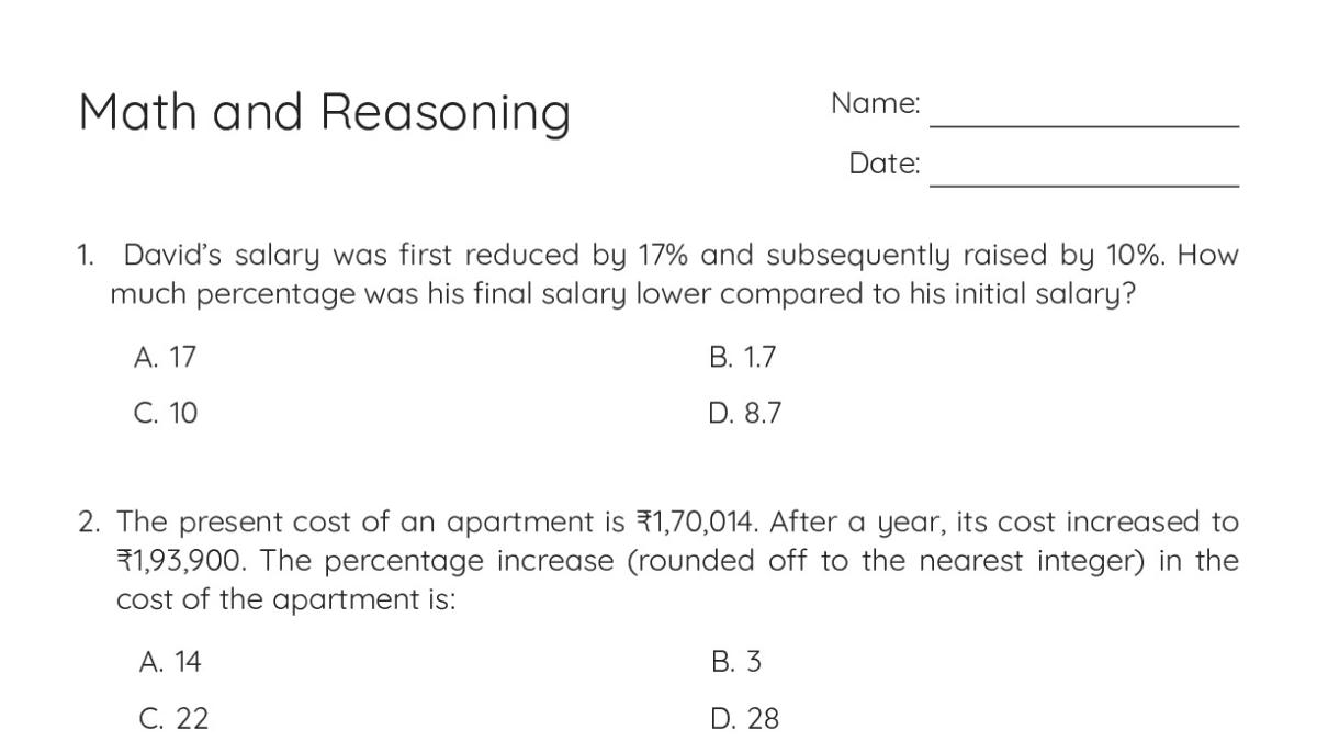 Math and Reasoning - My Worksheet Maker: Create Your Own Worksheets