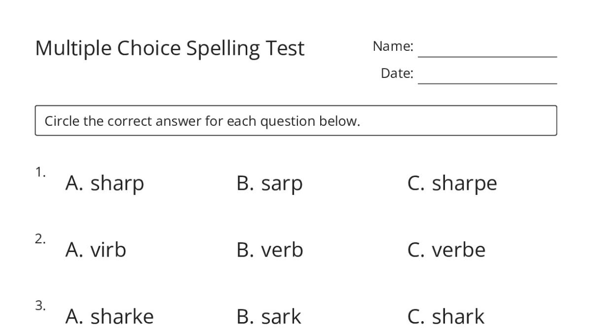 Multiple Choice Spelling Test - My Worksheet Maker: Create Your Own ...