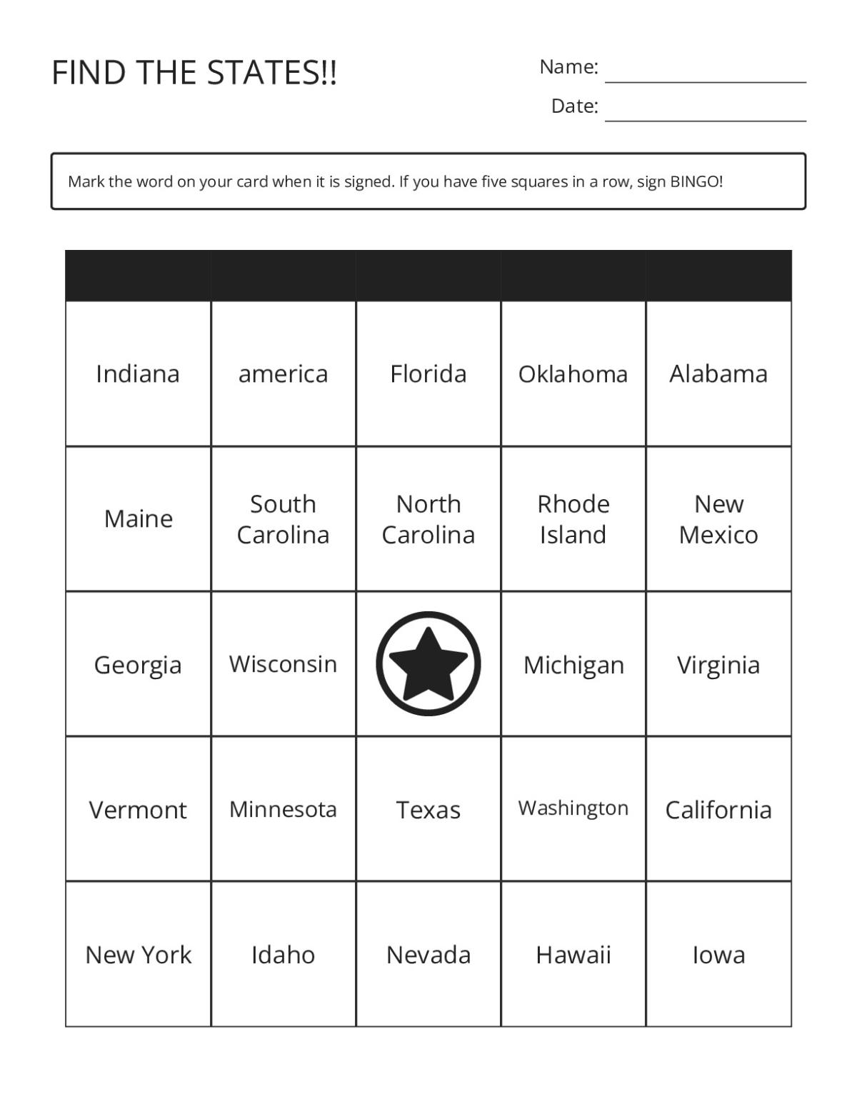 U.S. states bingo cards featuring all 50 states for 5th Grade geography.