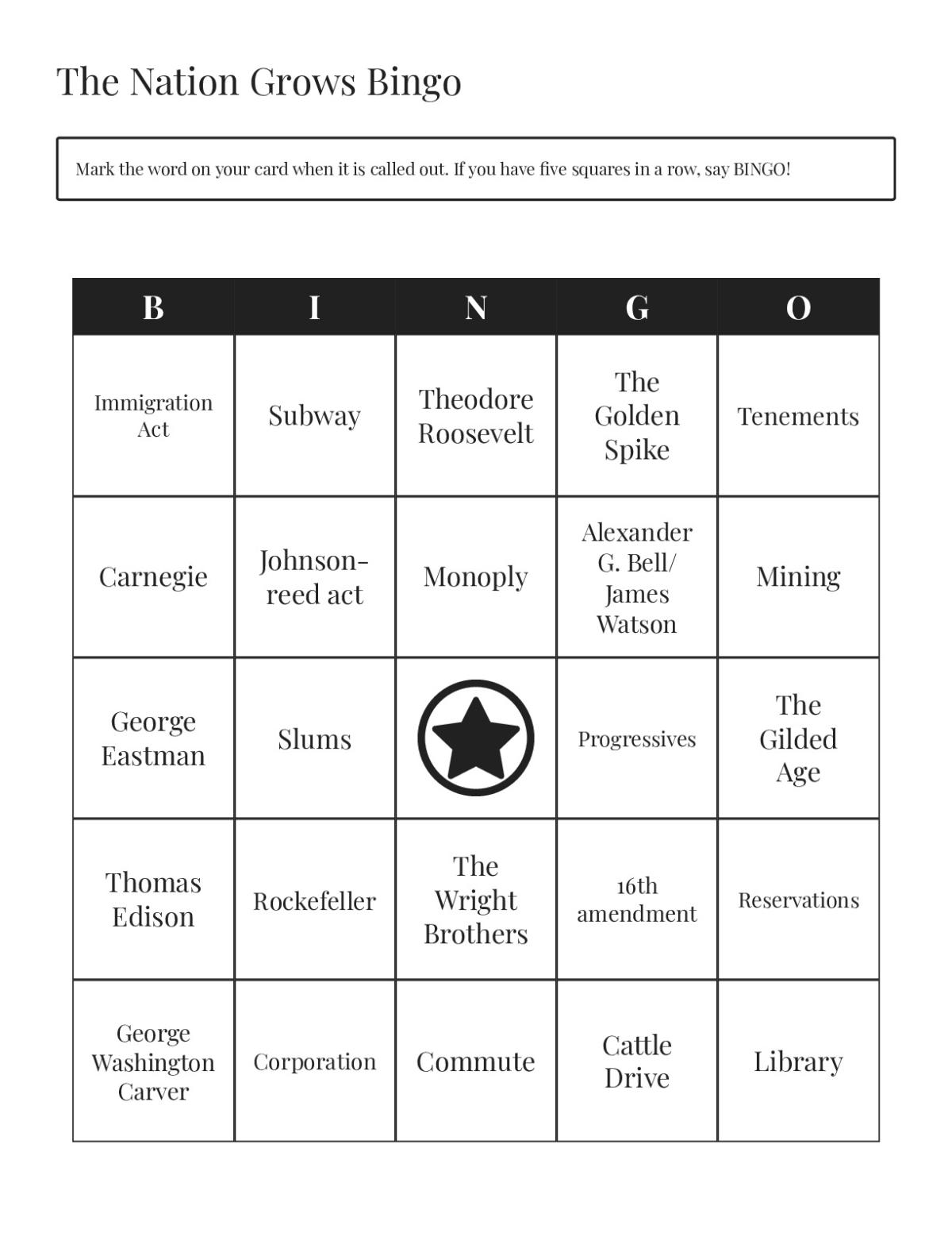 The Nation Grows bingo cards with inventors, the Gilded Age, and progressive-era U.S. history.