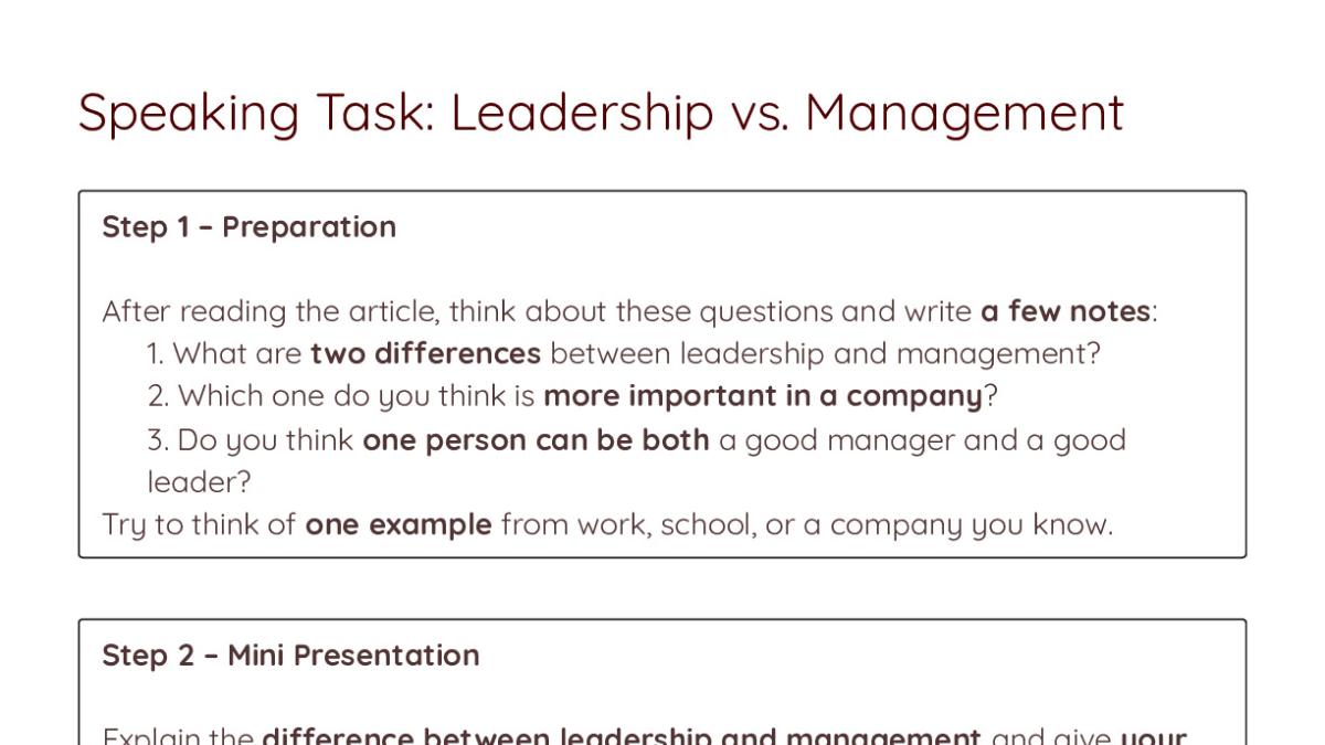 Leader Vs Manager Worksheet Speaking Task: Leadership vs. Management - My Worksheet Maker: Create ...