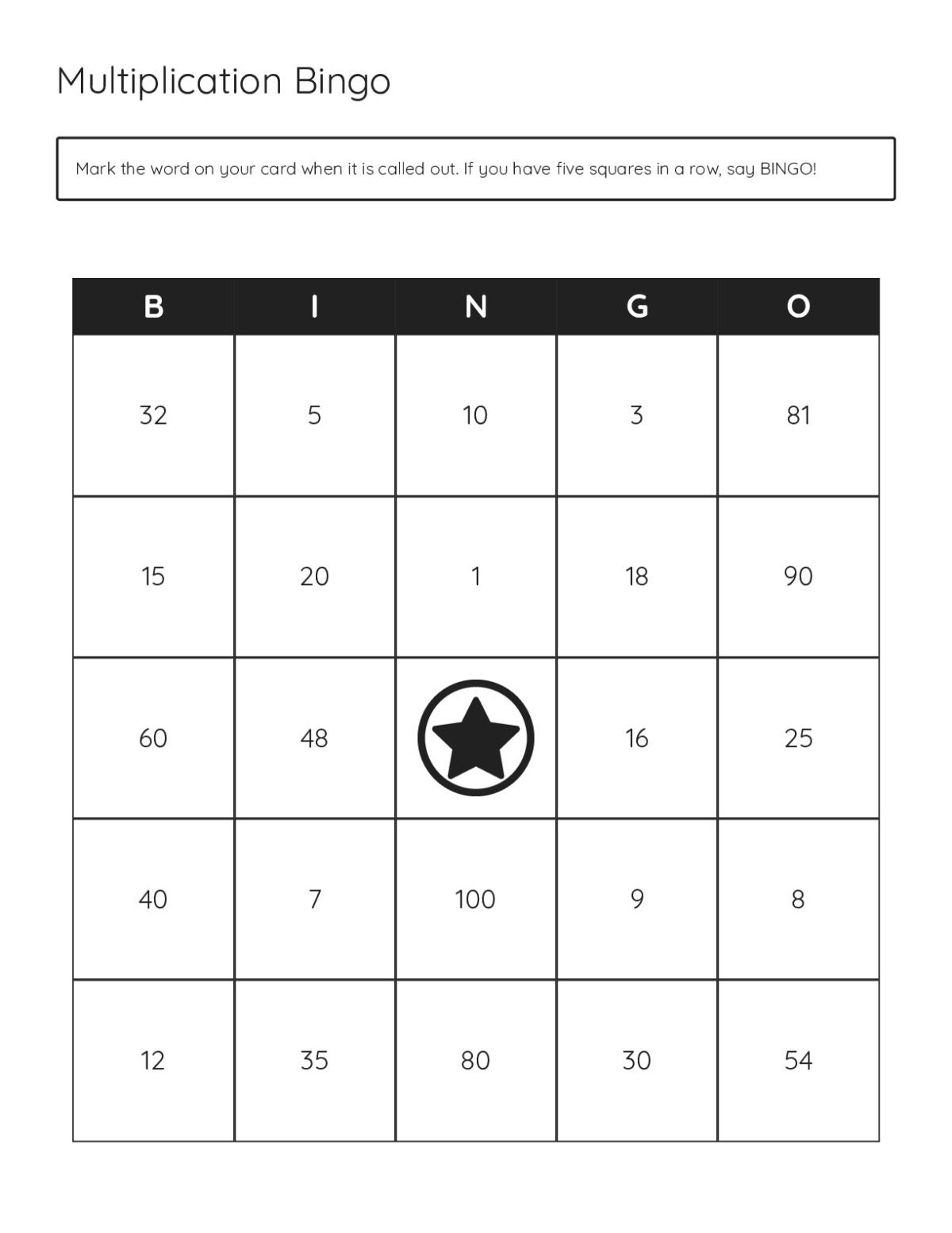 Multiplication bingo cards with products from single digits to 100.