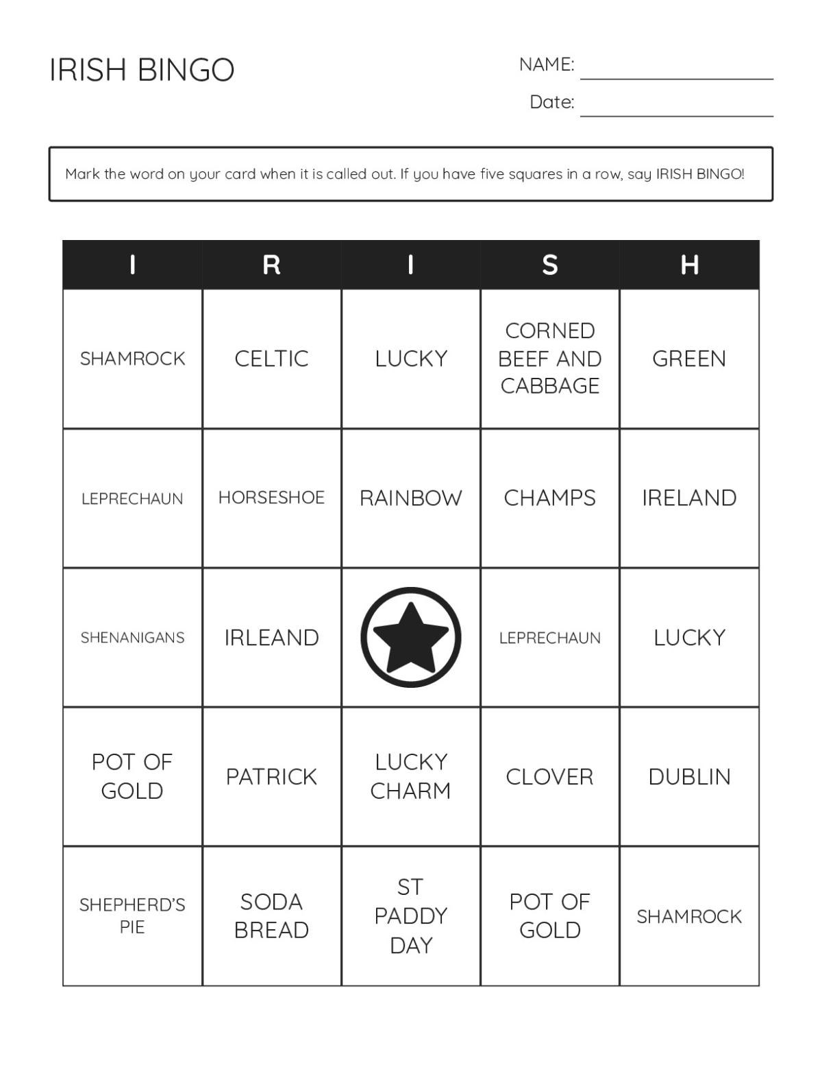 Irish bingo cards with shamrocks, leprechauns, and St. Patrick's Day imagery.