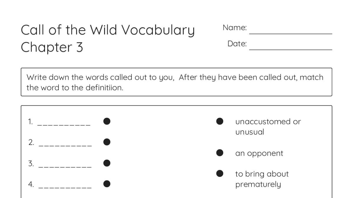 Call of the Wild Vocabulary Chapter 3 - My Worksheet Maker: Create Your ...