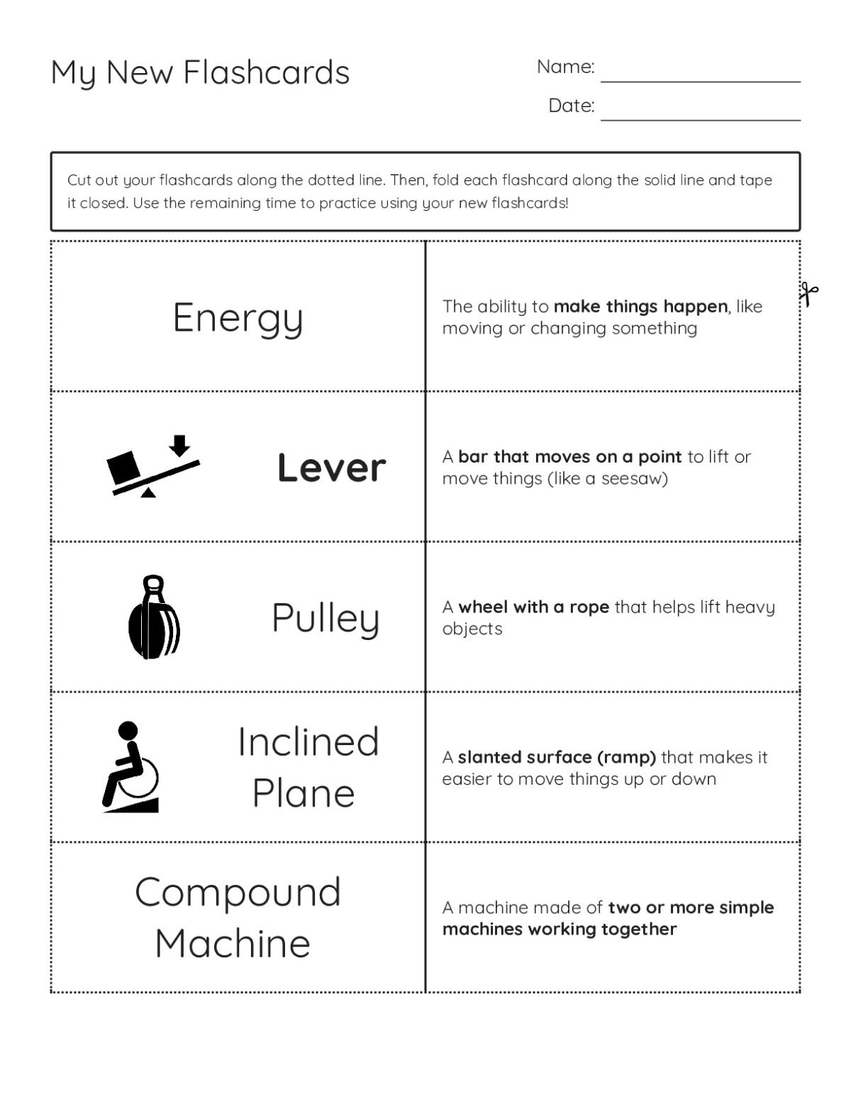 Simple machines flashcards with lever, pulley, and inclined plane concepts for elementary students.