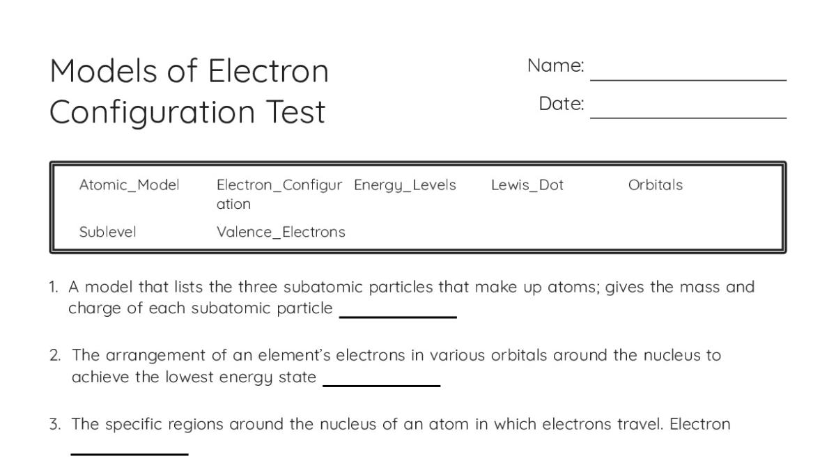 Models of Electron Configuration Test - My Worksheet Maker: Create Your ...
