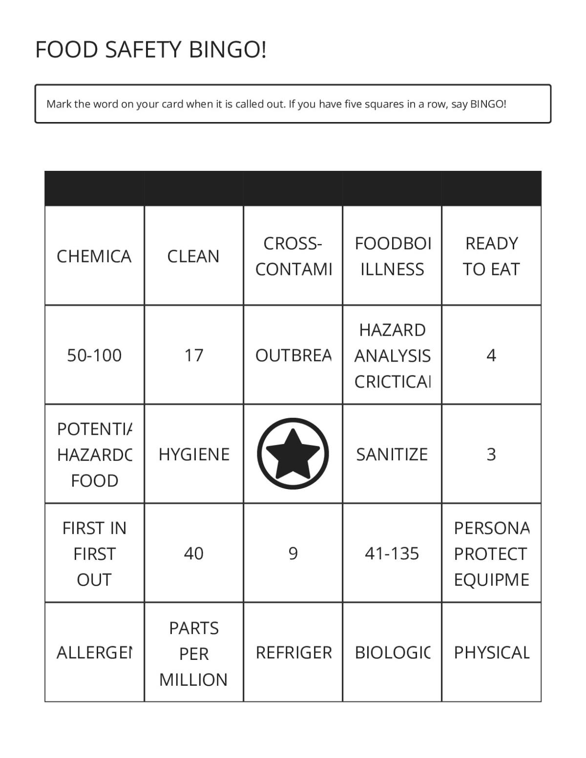 Food safety bingo cards with terms like HACCP, cross-contamination, and foodborne illness for food handlers.