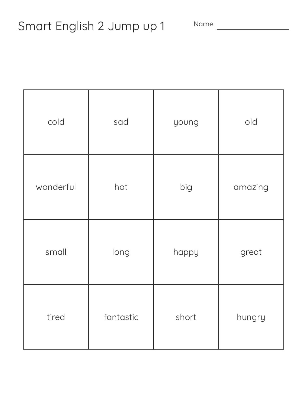 Adjectives bingo cards with vocabulary words like young, old, amazing, and wonderful.