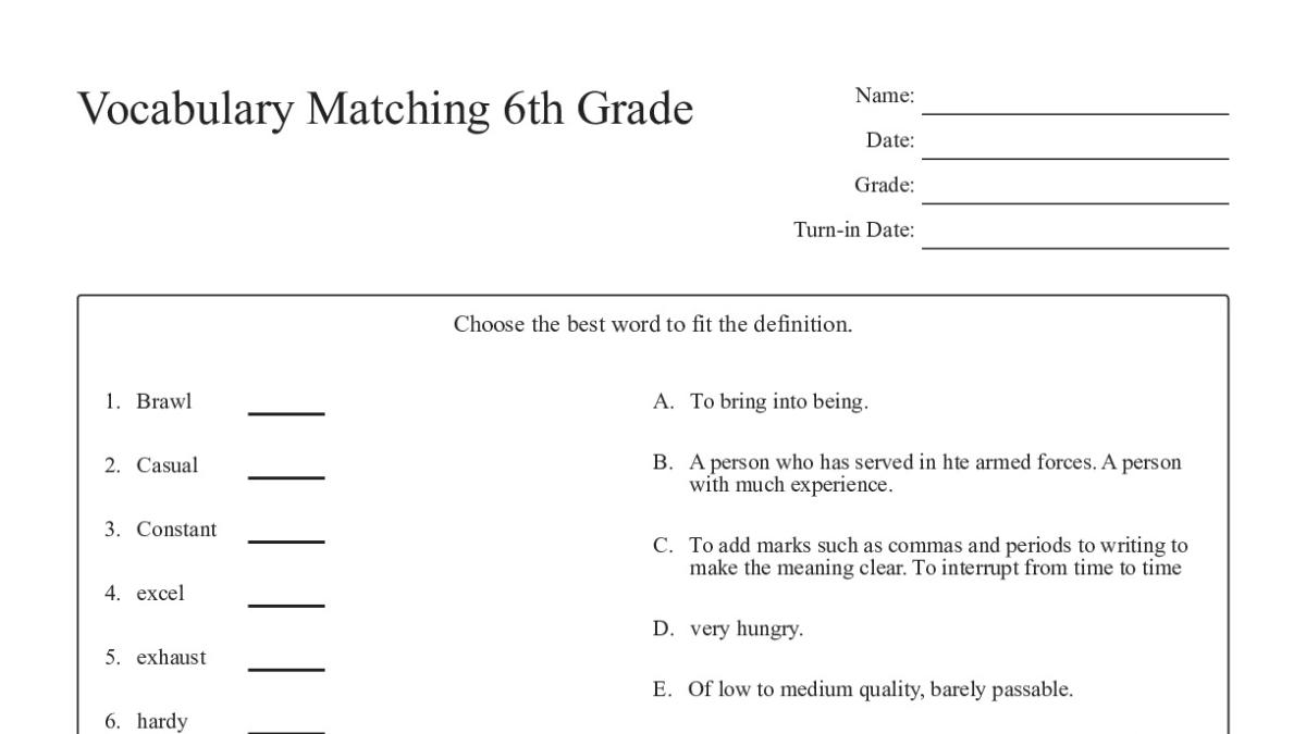 Vocabulary Matching 6th Grade - My Worksheet Maker: Create Your Own ...